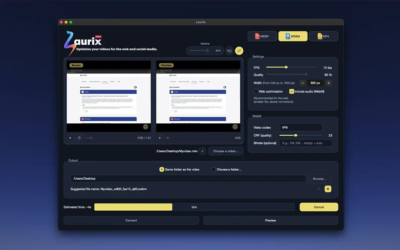Laurix converting a video to WebM with real-time progress bar on macOS